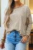 Ribbed Thermal Stripe Drop Shoulder Exposed Seam Patchwork Long Sleeve Top